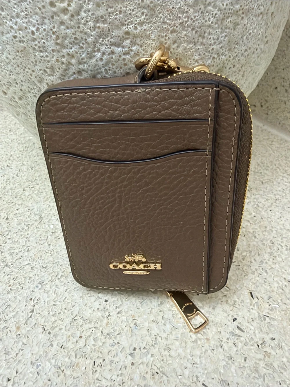 Coach Brown Pebbled Leather Card Holder with Gold Chain